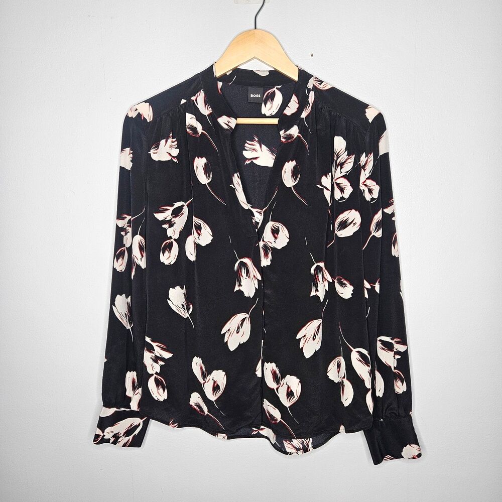 HUGO BOSS Silk Floral Blouse 0 Button Up V-Neck Dark Romantic Elegant Tulips